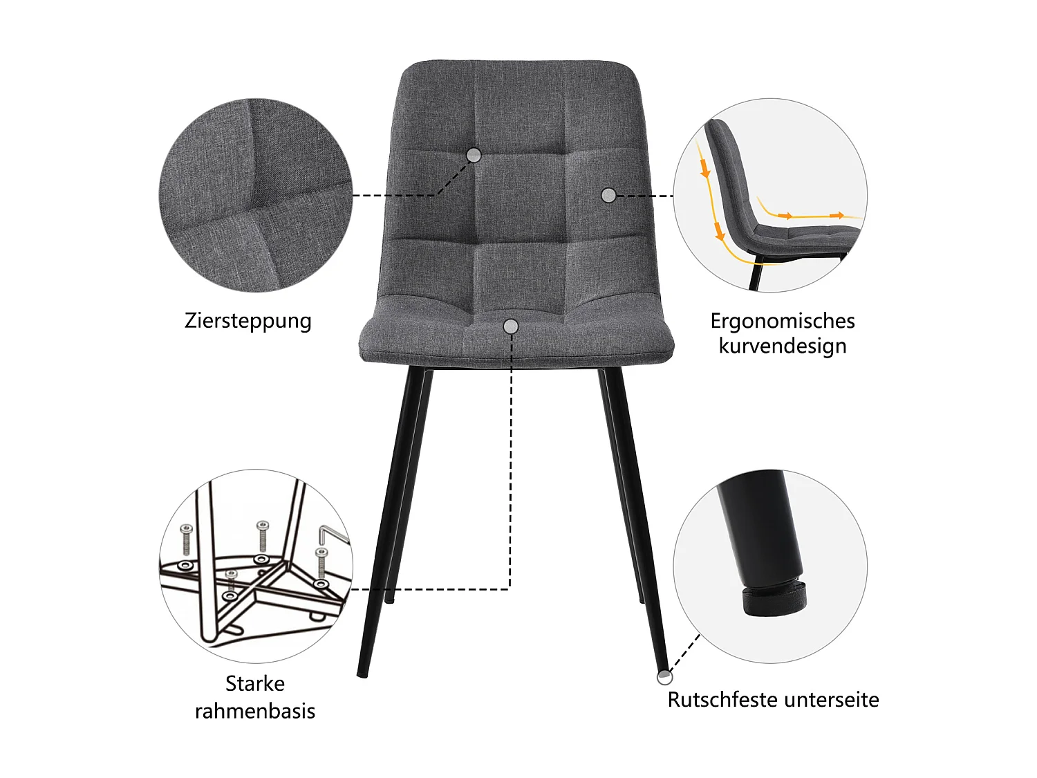 Set van 4 linnen stoelen - metalen frame - ergonomisch design - metalen poten - grijs
