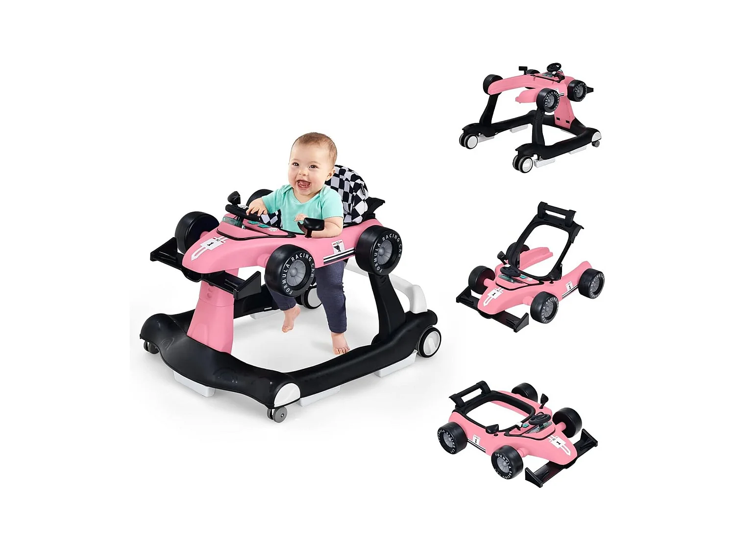 Primi passi 4 in 1 per neonati con altezza e velocità regolabili, Primi passi a spinta con carillon con luci Rosa