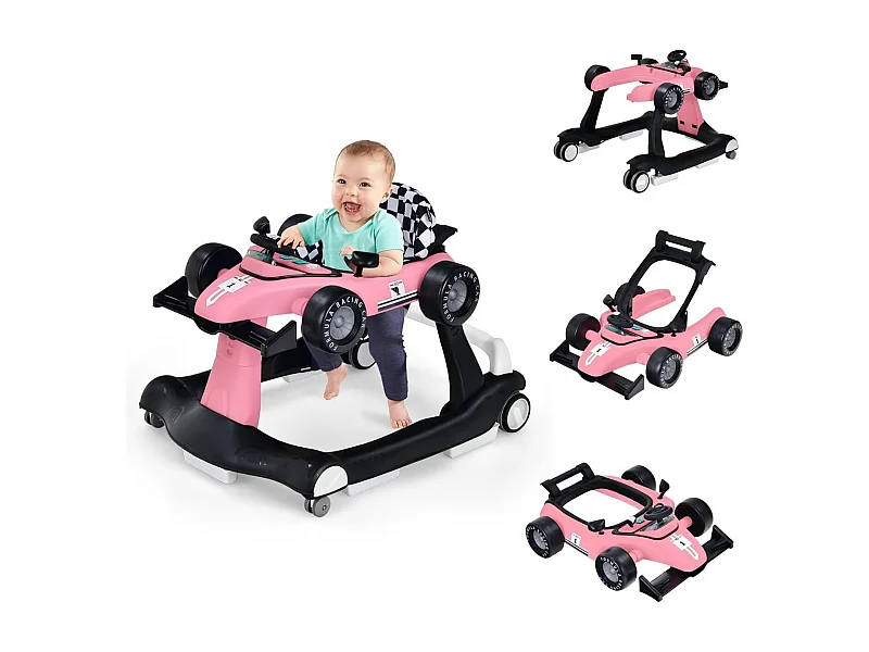 Trotteur 4 en 1 Pousseur Pliable Hauteur et Vitesse Réglables Boîte à Musique avec Lumière Volant Apparence de Voiture Rose