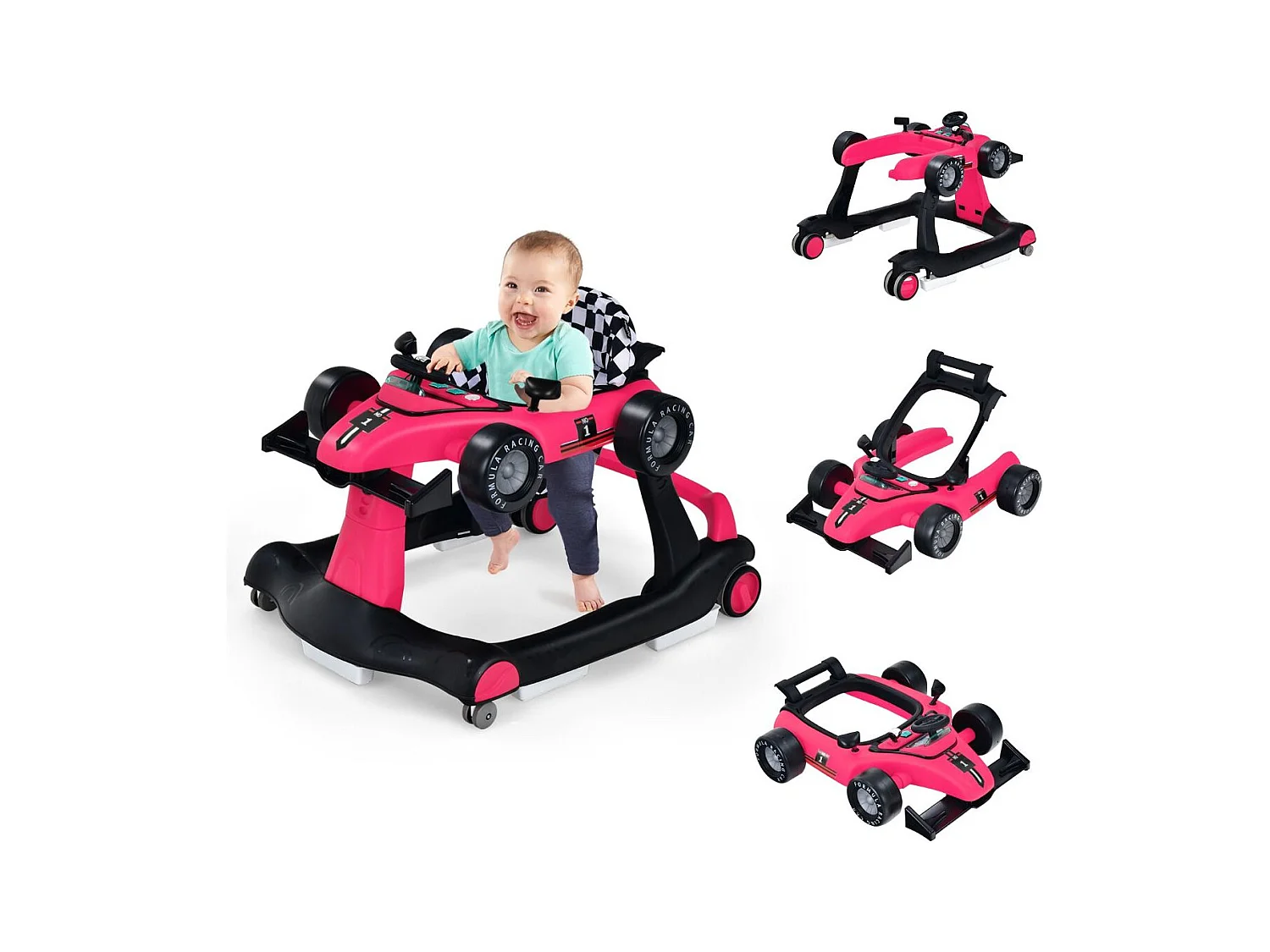 Trotteur Pliable 4 en 1 Pousseur Hauteur et Vitesse Réglables Boîte à Musique avec Lumière Volant Apparence de Voiture Noir + Rose
