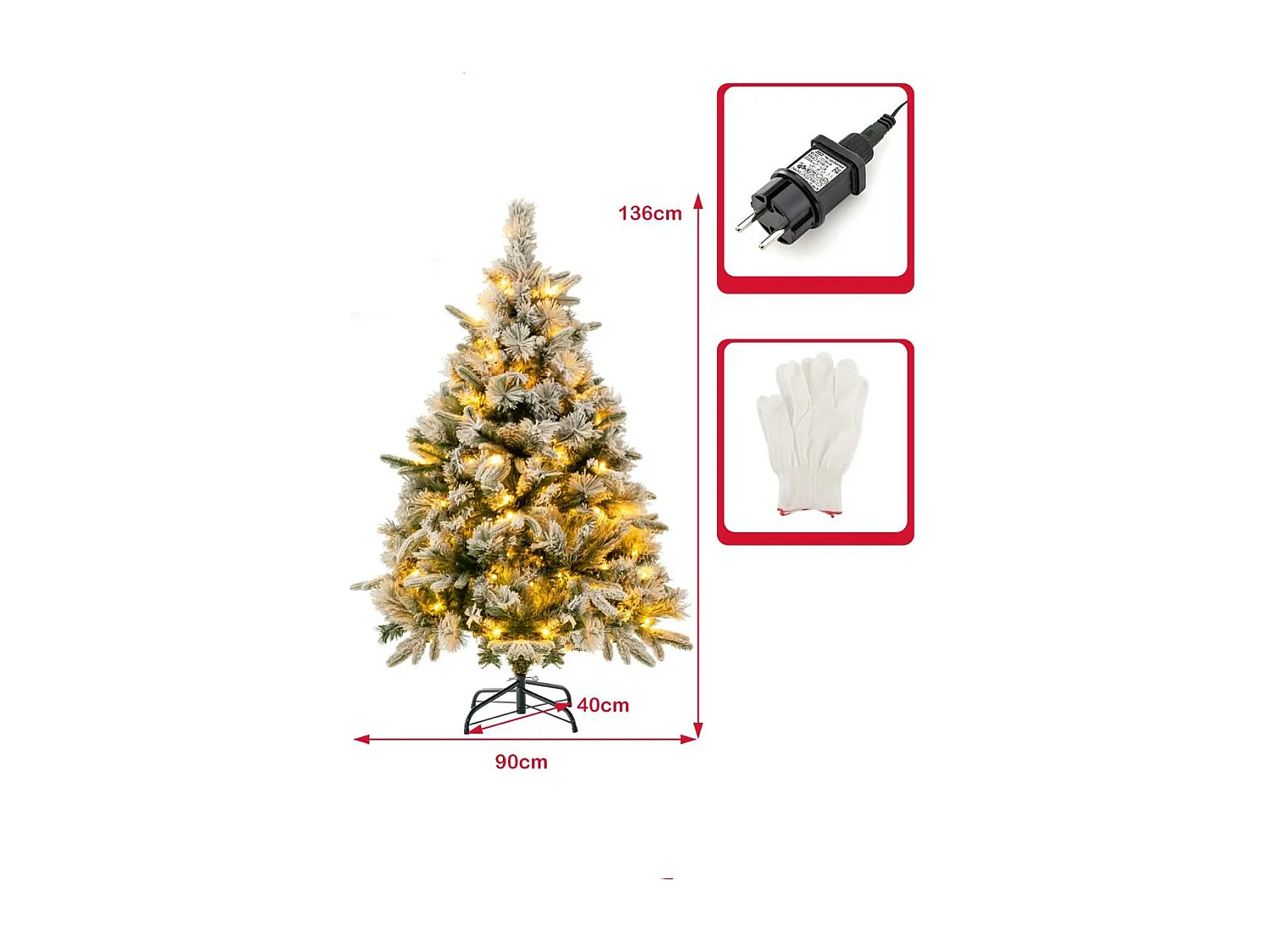 Albero di Natale artificiale da 136cm con 150 luci LED e 384 punte di ramo miste, Albero di Natale flockato
