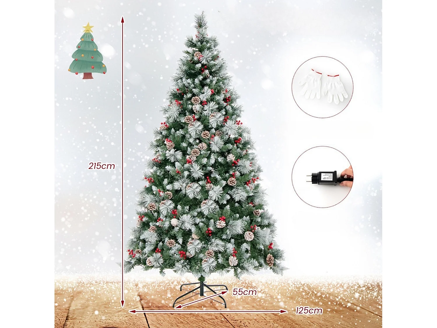 Albero di Natale artificiale con luci a LED e decorazioni, 215 cm