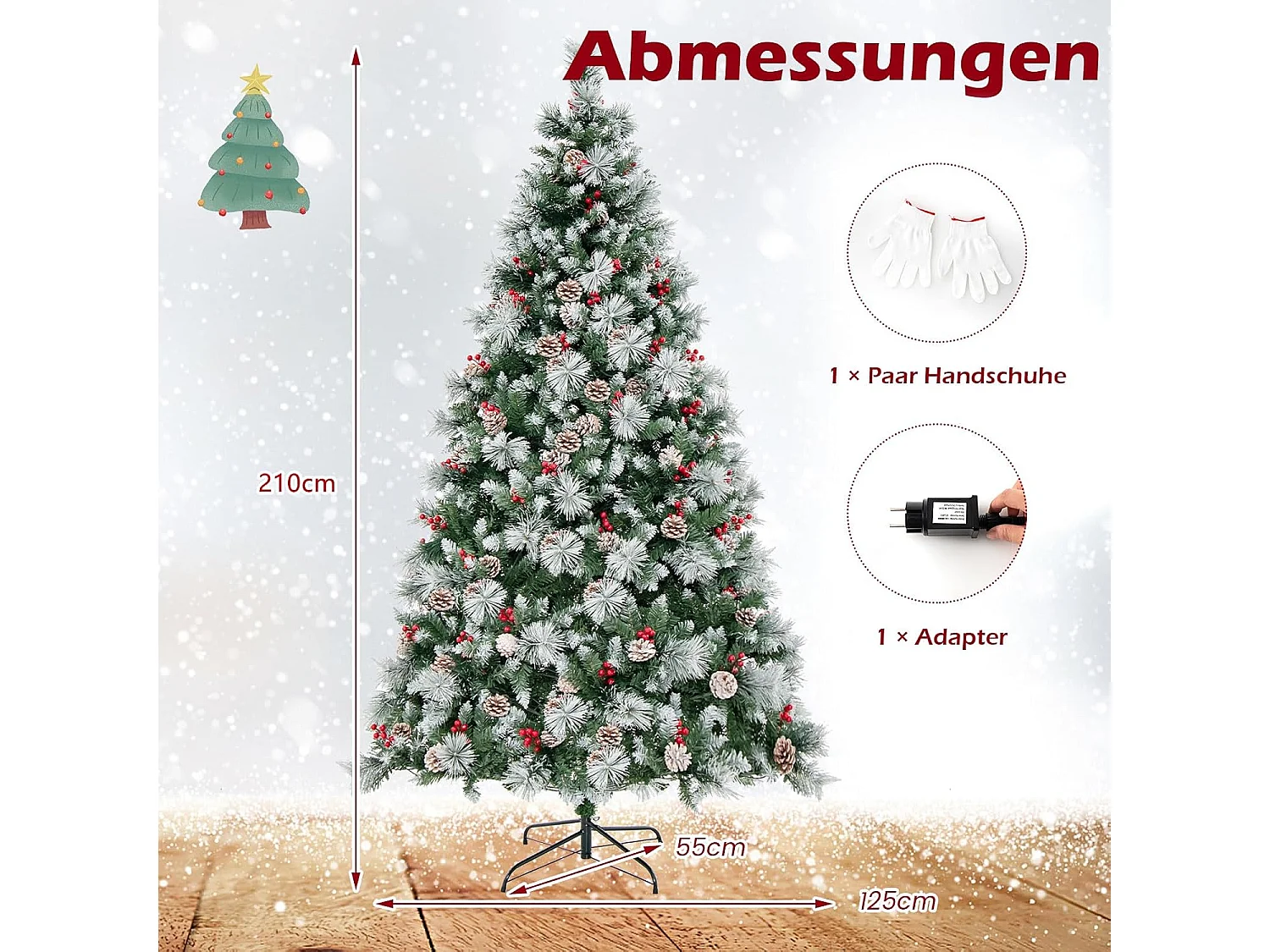 Albero di Natale artificiale con luci a LED e decorazioni, 215 cm