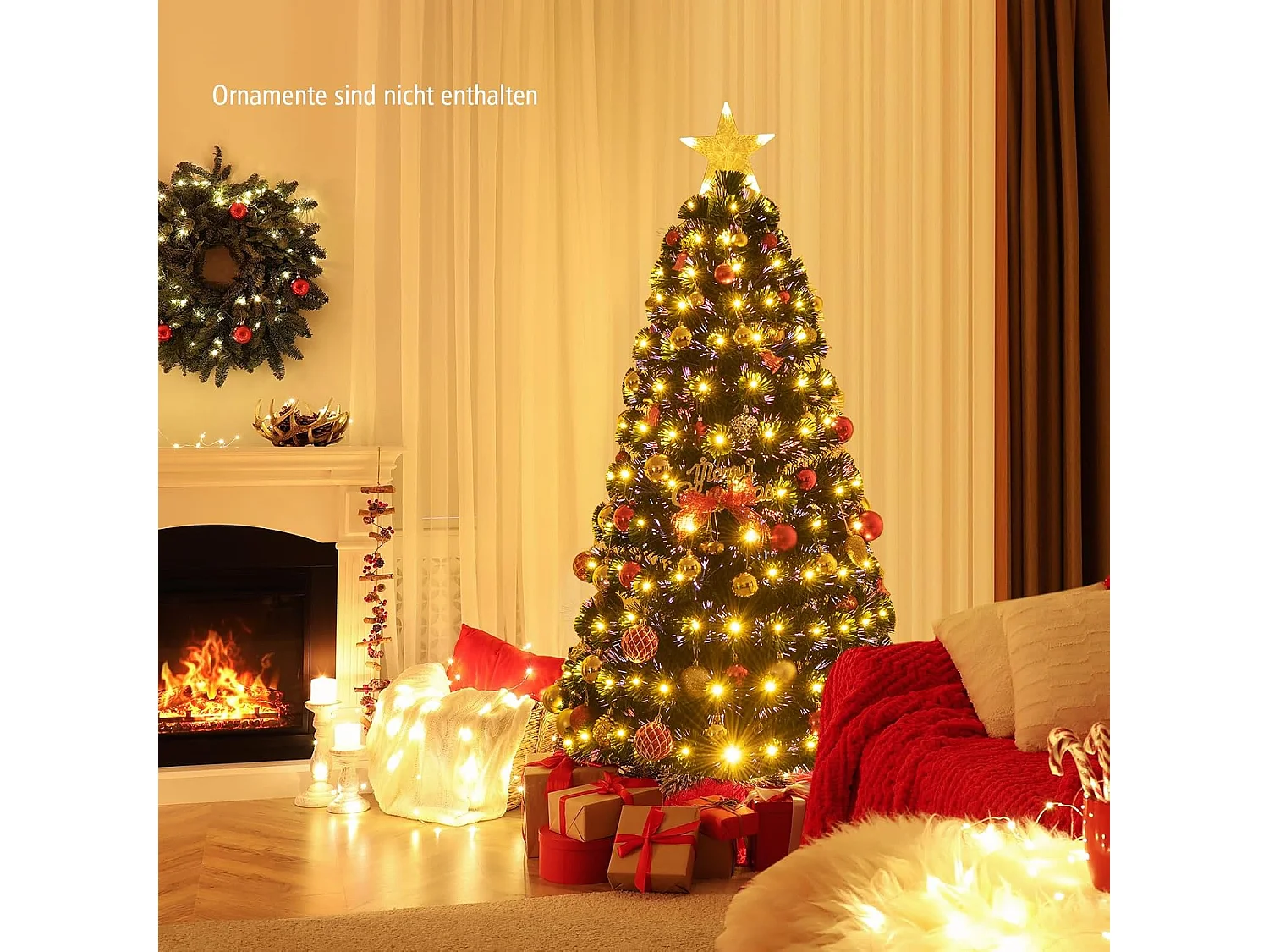 Albero di Natale artificiale con luci LED e stella, 150 cm