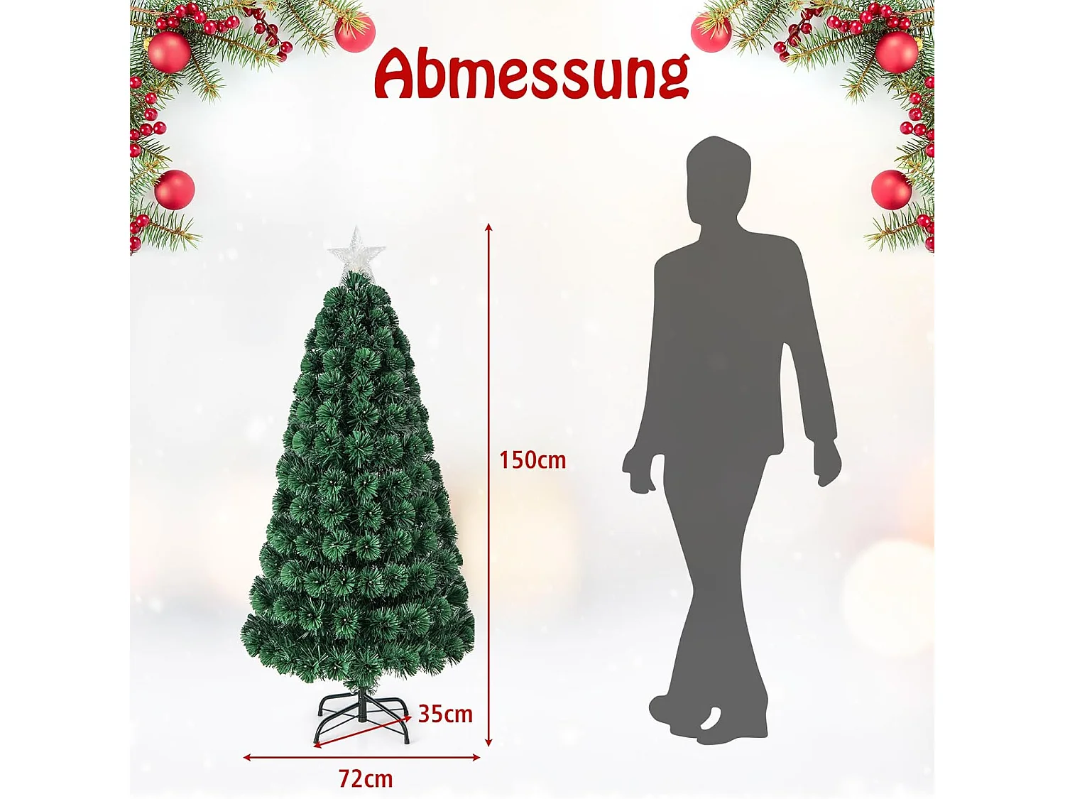 Albero di Natale artificiale con luci LED e stella, 150 cm