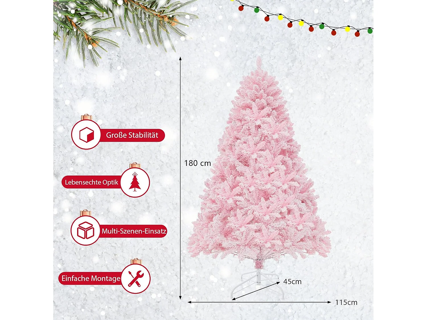 Różowa sztuczna choinka z lampkami LED, 185 cm Choinka świąteczna