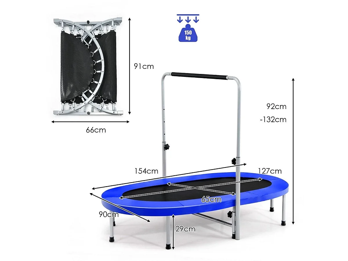 Trampoline de fitness double avec barres d'appui 154 x 90 x 92-132 cm