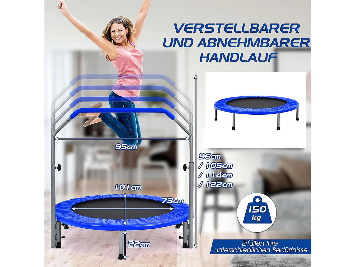 Trampoline de fitness avec barres d'appui 101 x 96/105/114/122 cm