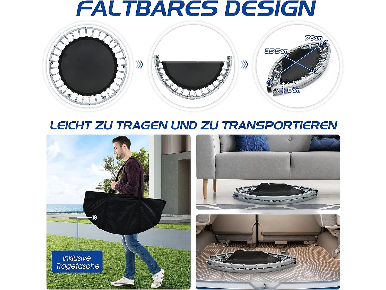 Trampoline de fitness avec barres d'appui 101 x 96/105/114/122 cm