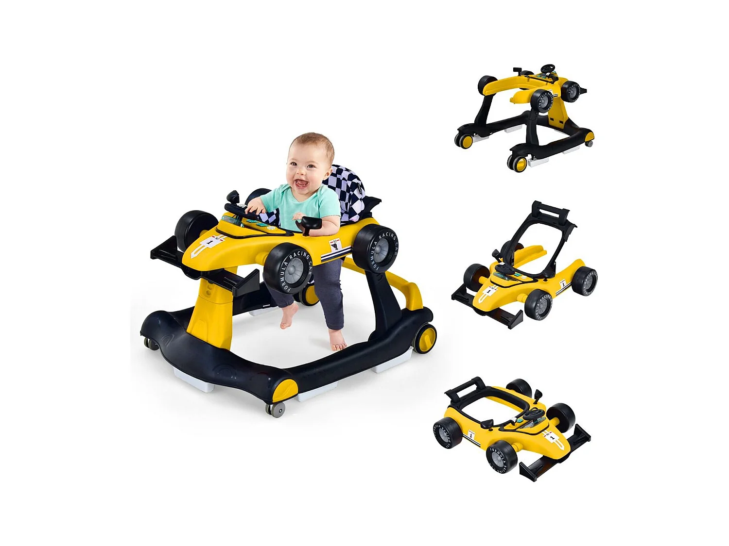 Trotteur Pliable 4 en 1 Pousseur Hauteur et Vitesse Réglables Boîte à Musique avec Lumière Volant Apparence de Voiture Jaune
