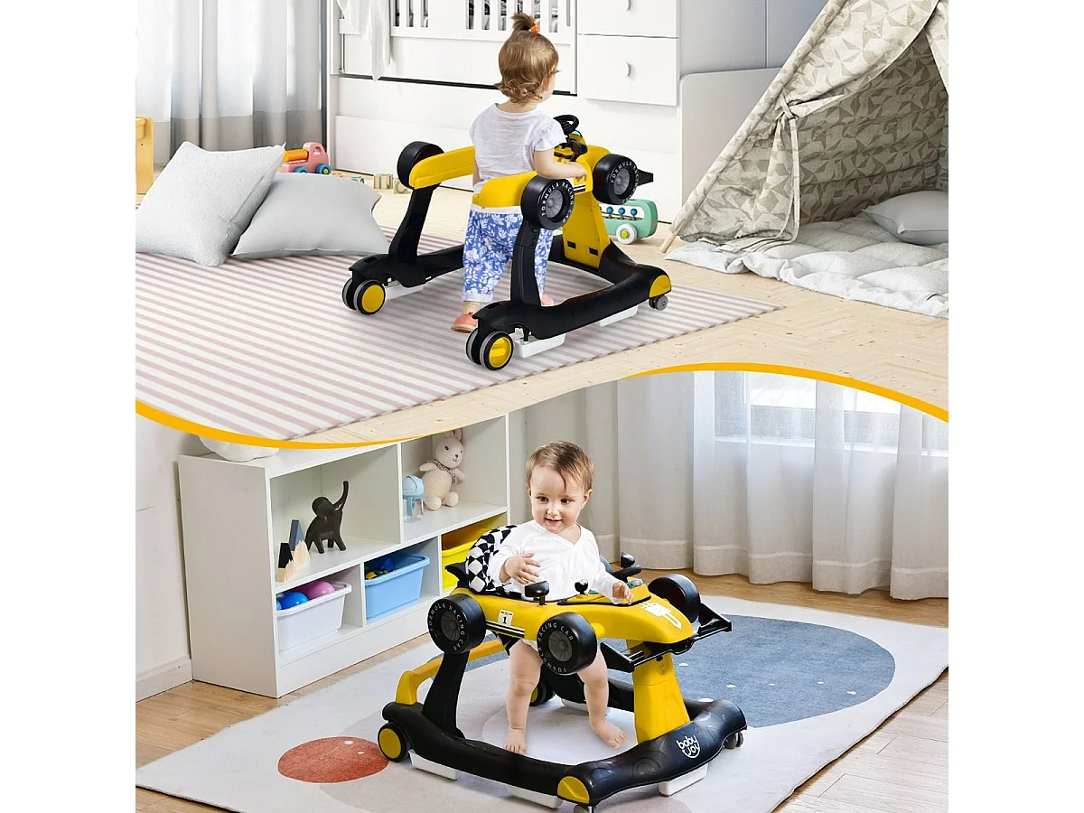 Trotteur Pliable 4 en 1 Pousseur Hauteur et Vitesse Réglables Boîte à Musique avec Lumière Volant Apparence de Voiture Jaune