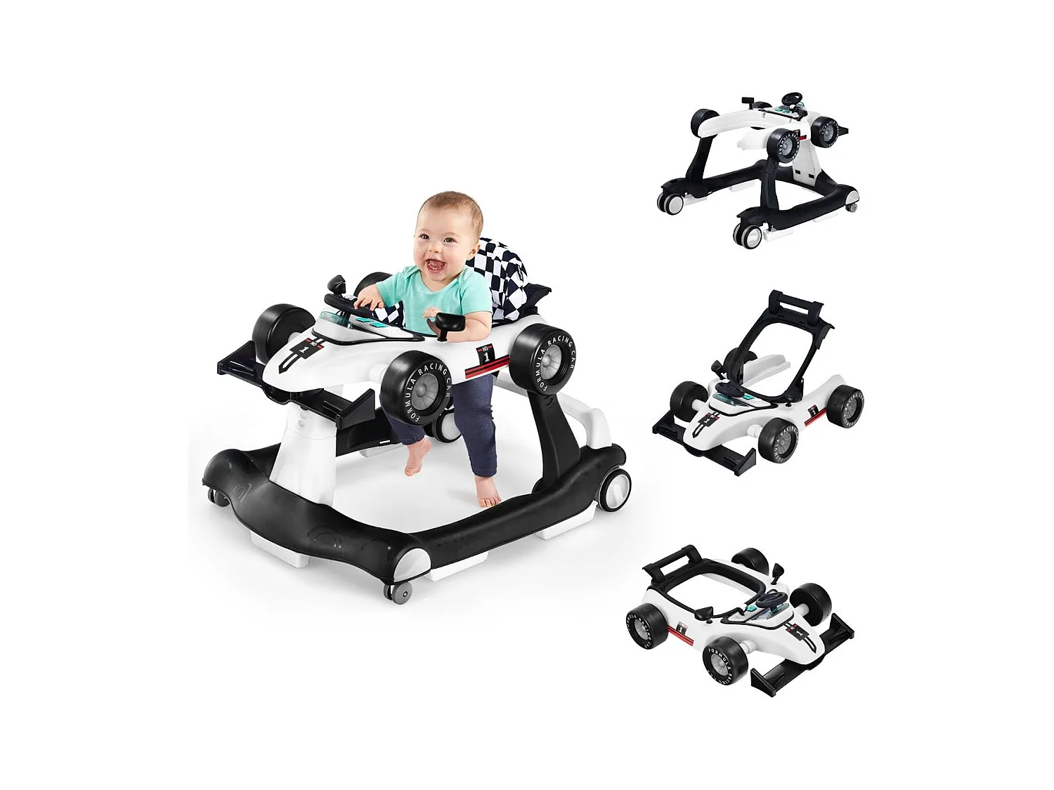 Trotteur Pliable 4 en 1 Pousseur Hauteur et Vitesse Réglables Boîte à Musique avec Lumière Volant Apparence de Voiture Blanc