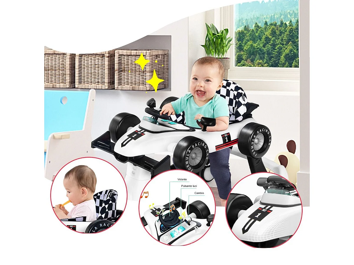 Primi passi 4 in 1 per neonati con altezza e velocità regolabili, Primi passi a spinta con carillon con luci Bianco