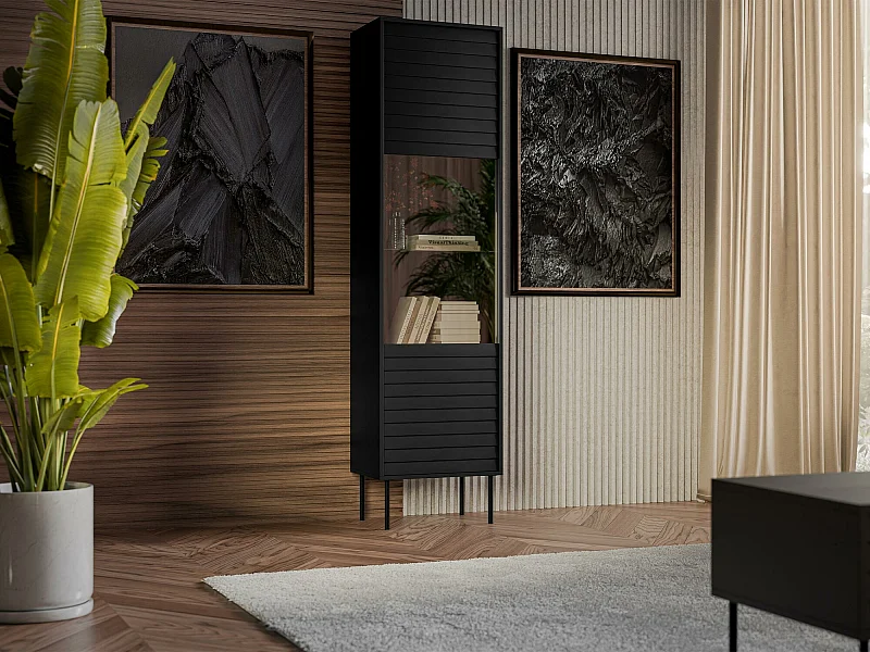 Étagère Flosoru 107, Avec des portes|Fermé, Verre trempé|MDF|Stratifié, 182x53x40cm, Noir