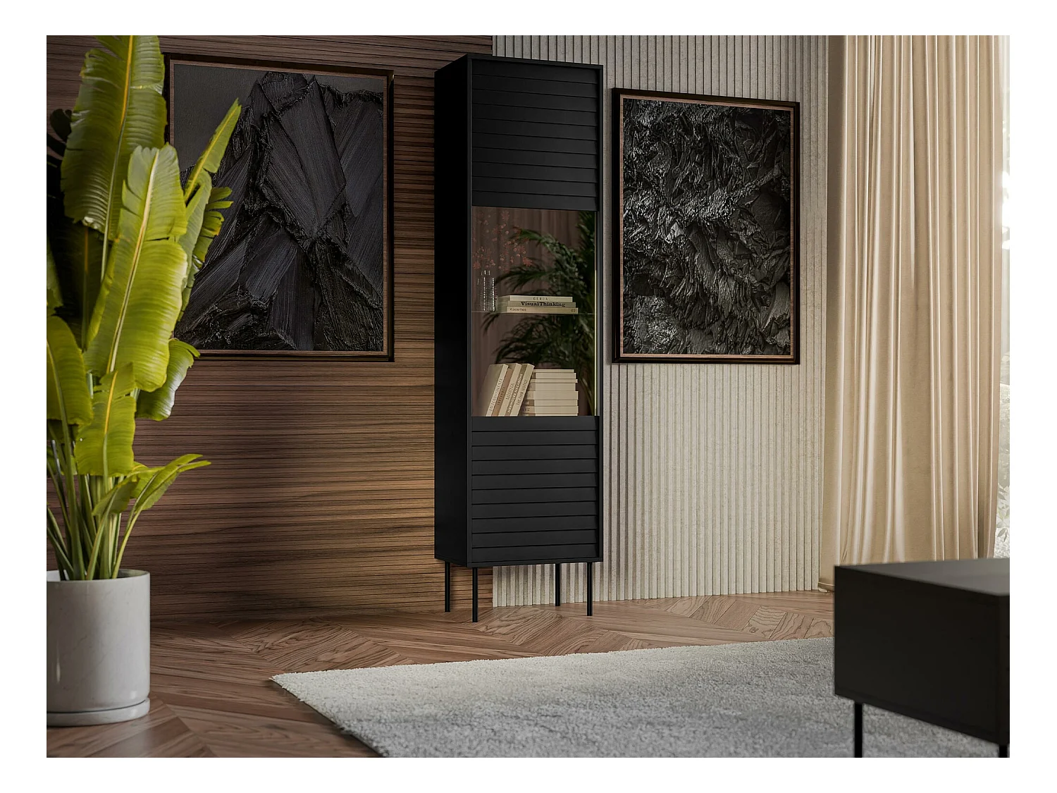 Étagère Flosoru 107, Avec des portes|Fermé, Stratifié|Verre trempé|MDF, 182x53x40cm, Noir
