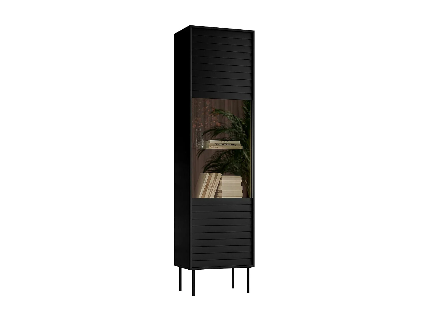 Étagère Flosoru 107, Fermé|Avec des portes, MDF|Stratifié|Verre trempé, 182x53x40cm, Noir