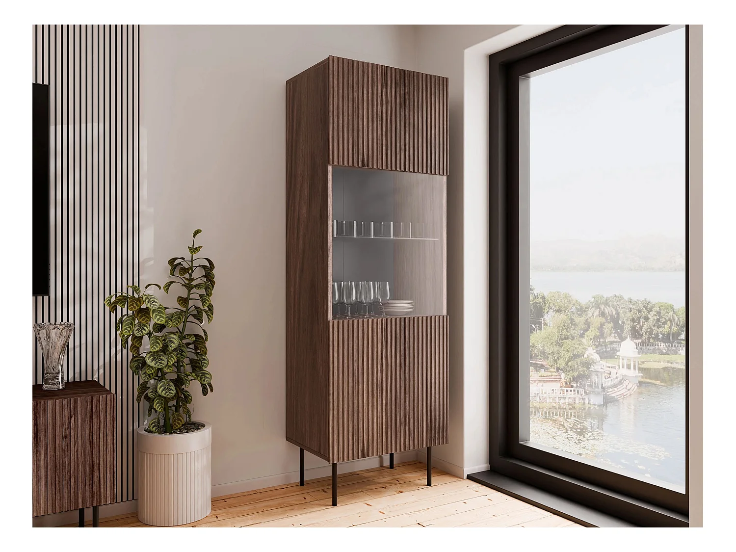 Scaffale Dortivu 106, Con porte|Chiuso, 183x60x40cm, Noce|Nero