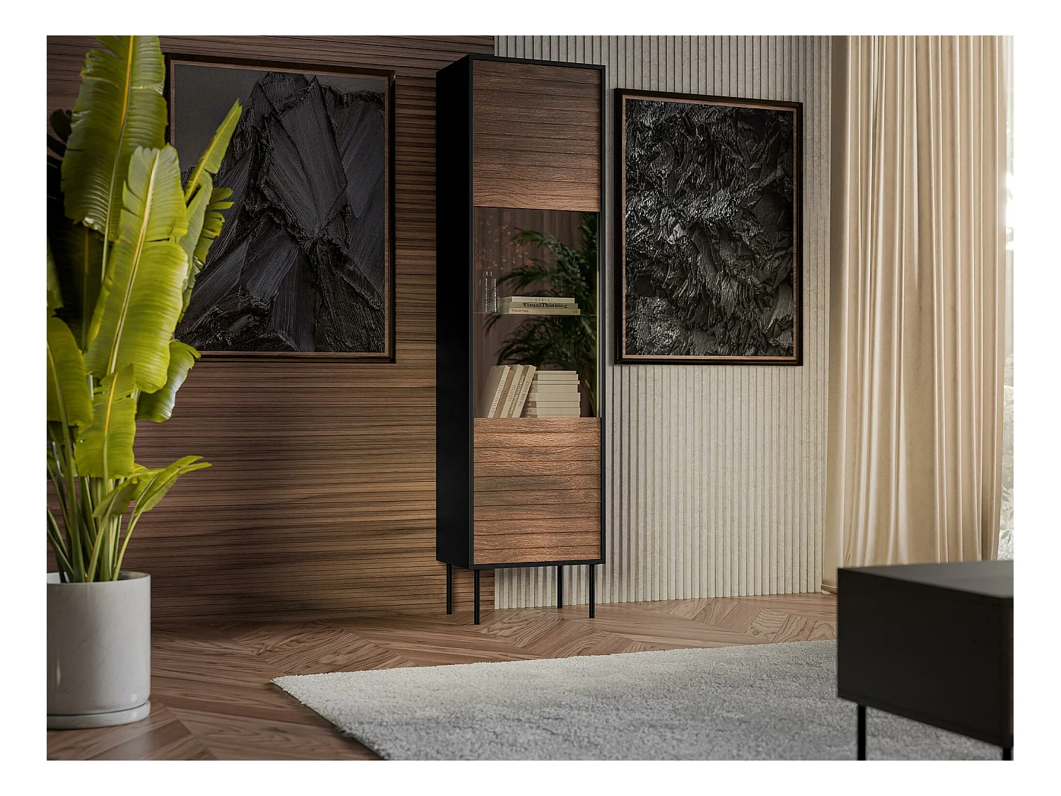 Scaffale Flosoru 107, Con porte|Chiuso, 182x53x40cm, Noce|Nero
