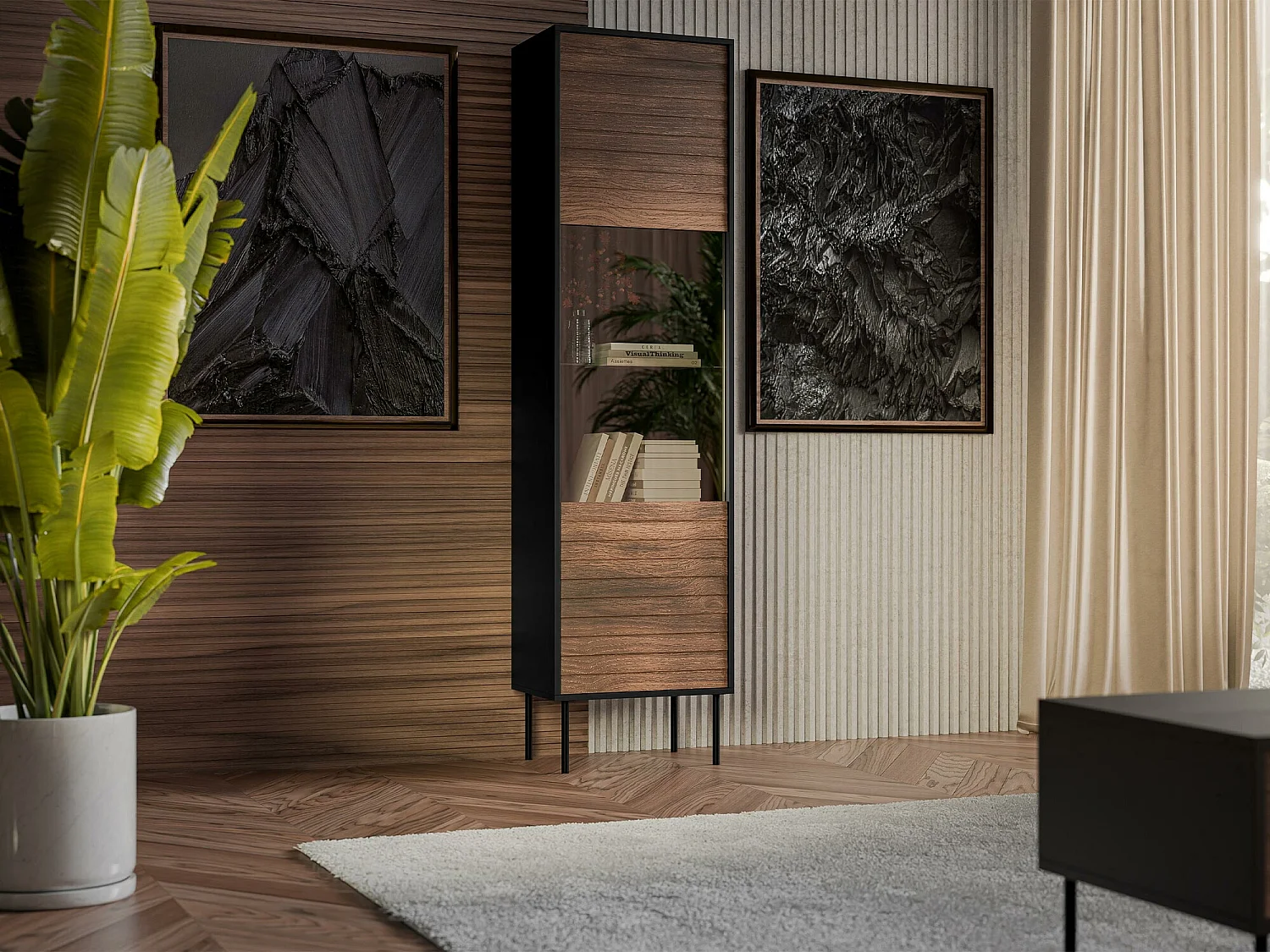 Étagère Flosoru 107, Fermé|Avec des portes, MDF|Stratifié|Verre trempé, 182x53x40cm