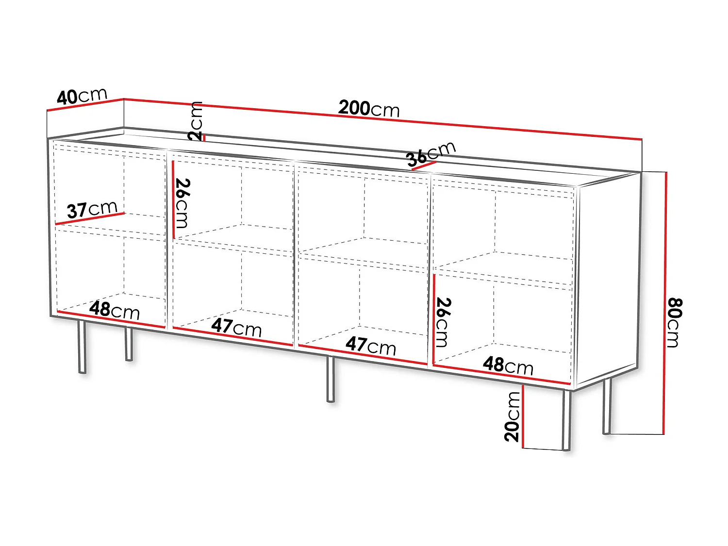 Aparador Mortali 101, Negro|Blanco, 80x200x40cm, MDF|Aglomerado laminado