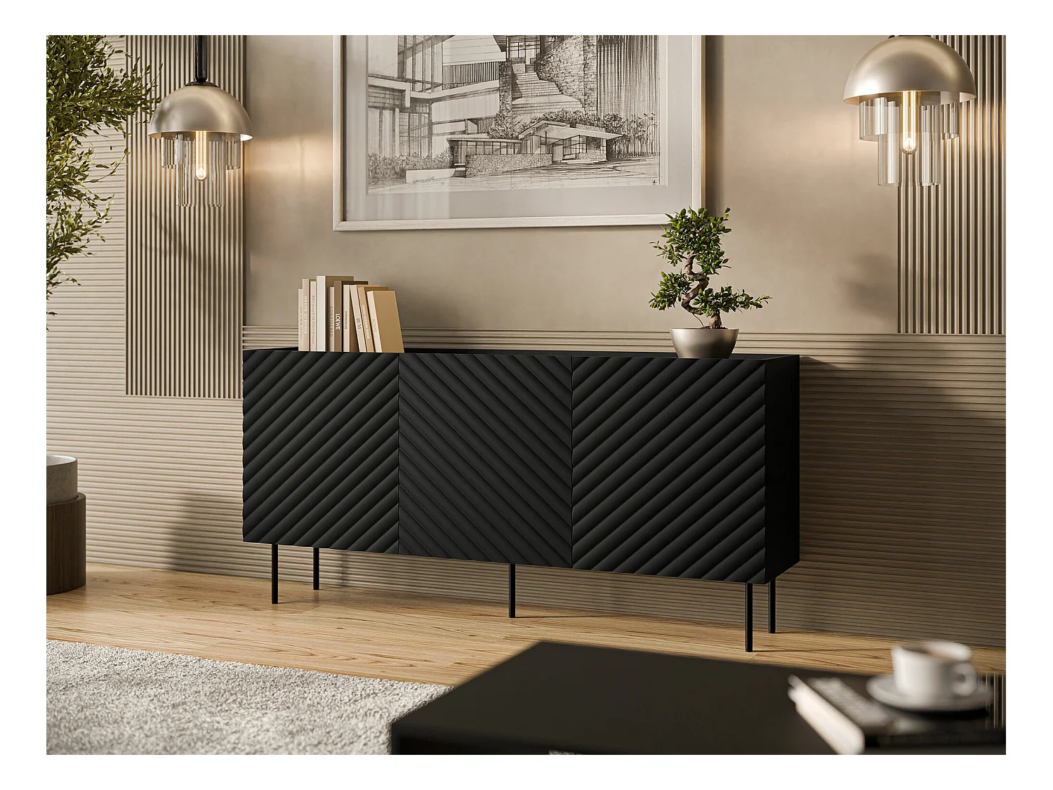 Buffet Mortali 100, Noir, 80x166x40cm, Stratifié|MDF