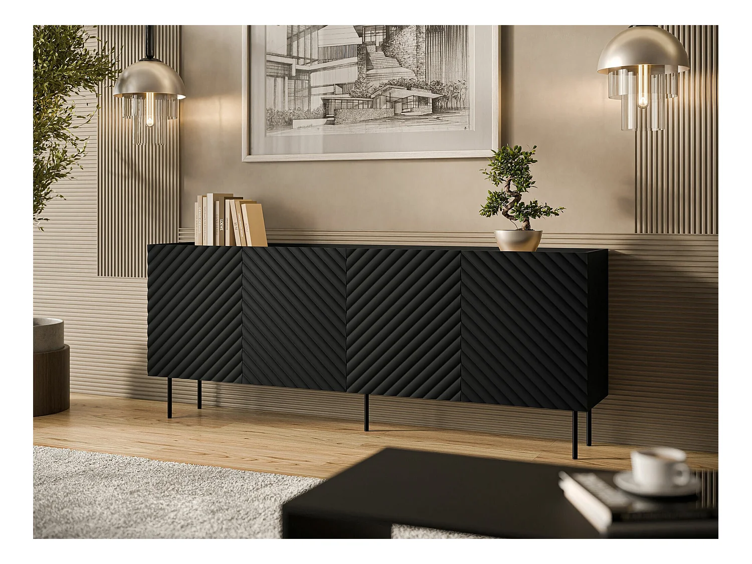 Buffet Mortali 101, Noir, 80x200x40cm, MDF|Stratifié