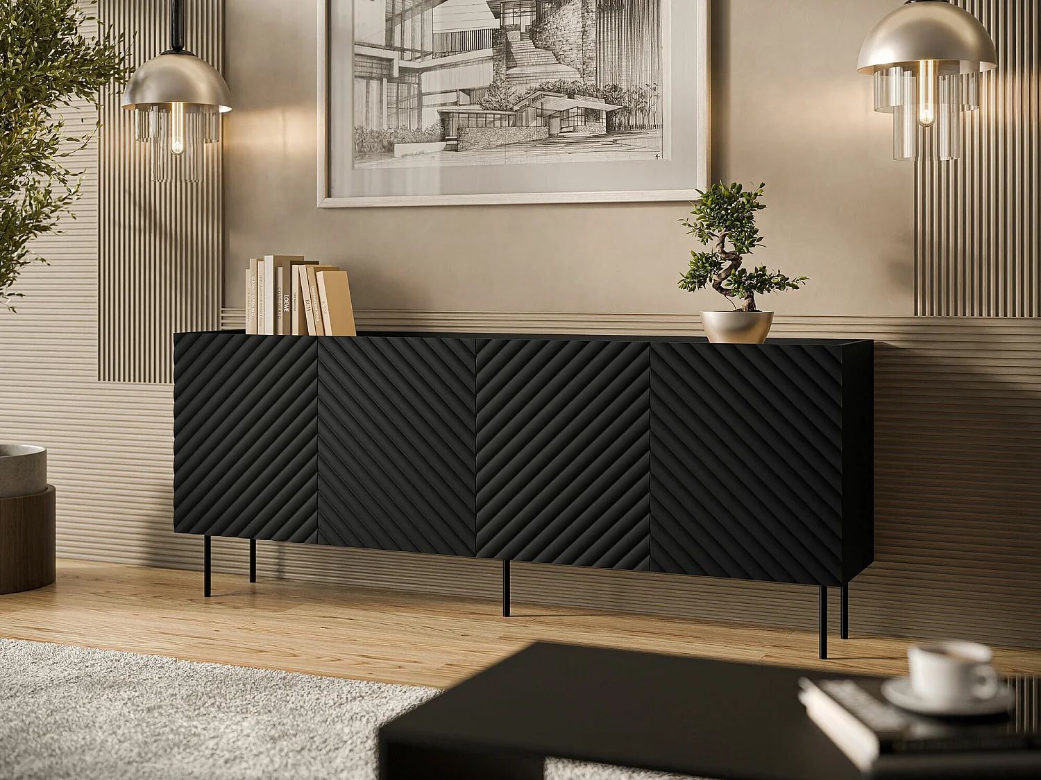 Buffet Mortali 101, Noir, 80x200x40cm, MDF|Stratifié