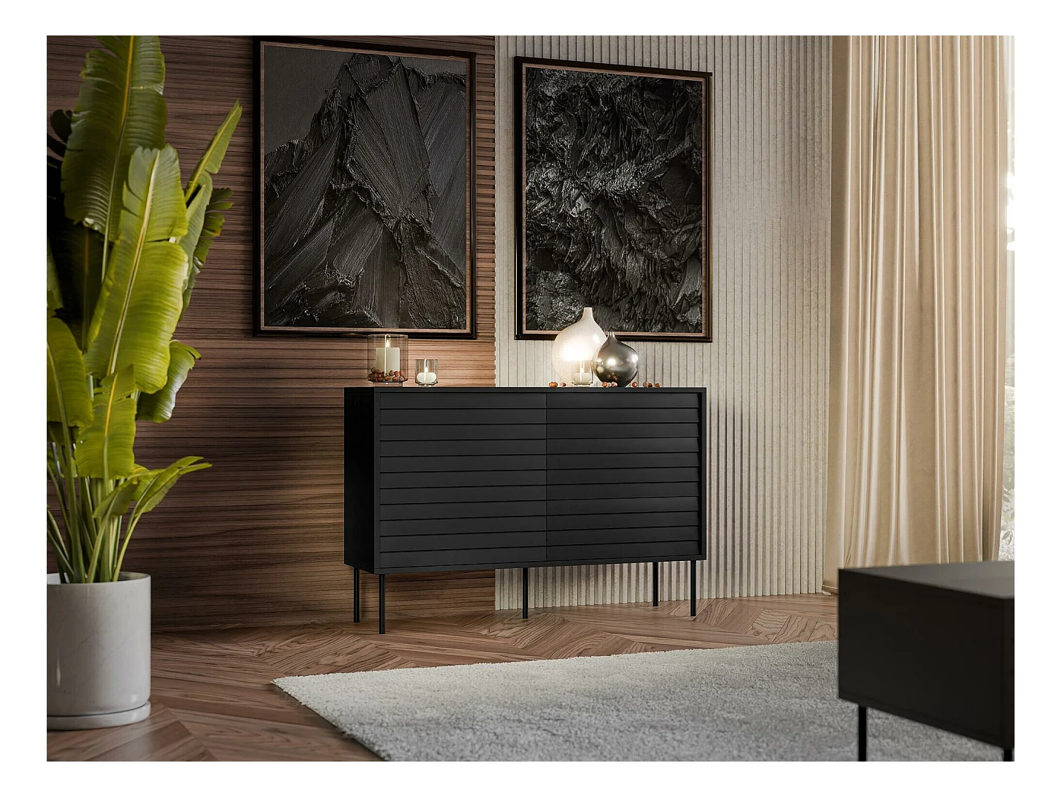 Commode Flosoru 101, Noir, Avec tiroirs et portes, 81x120x40cm