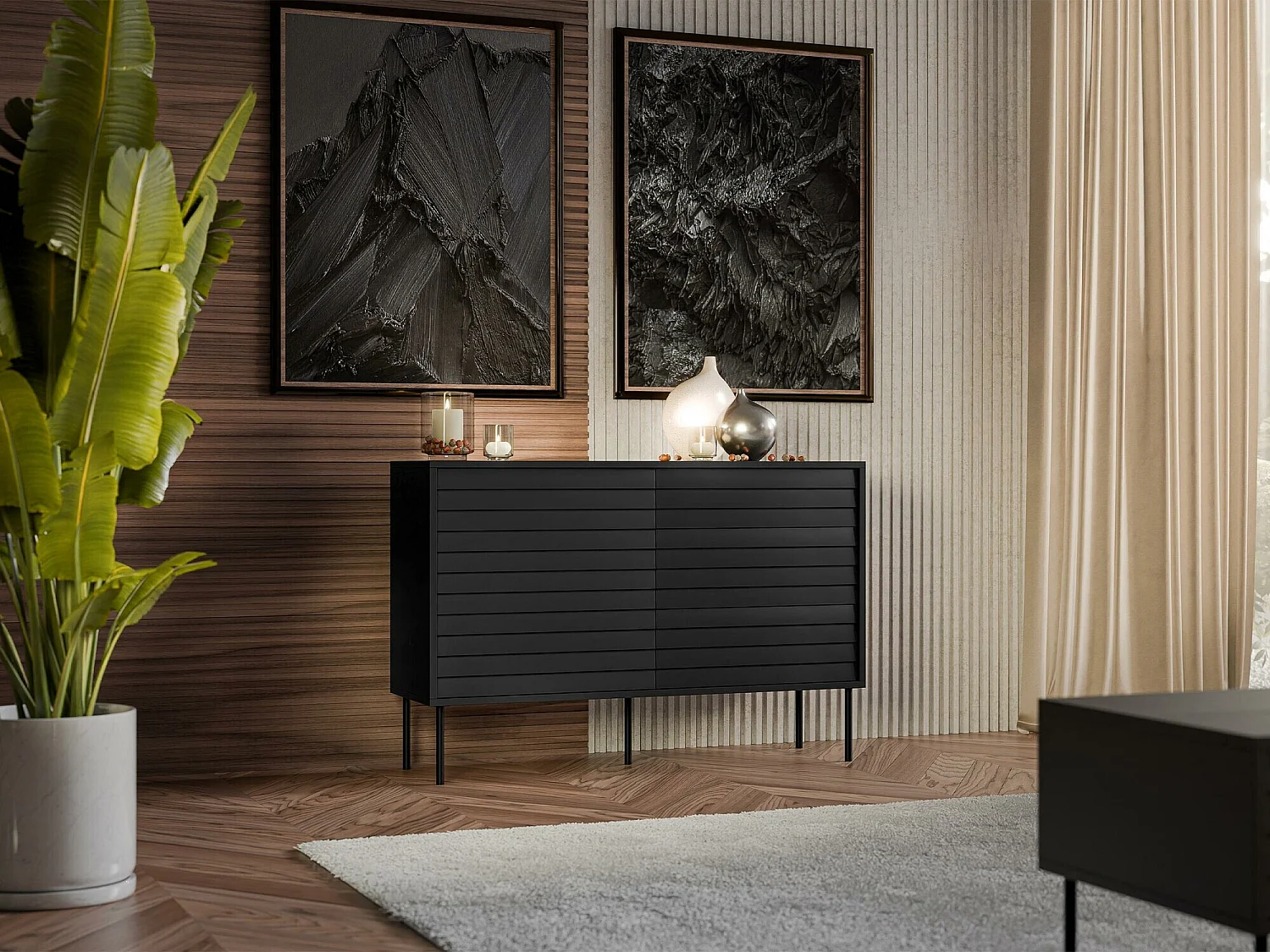 Commode Flosoru 101, Noir, Tiroirs et portes, 81x120x40cm