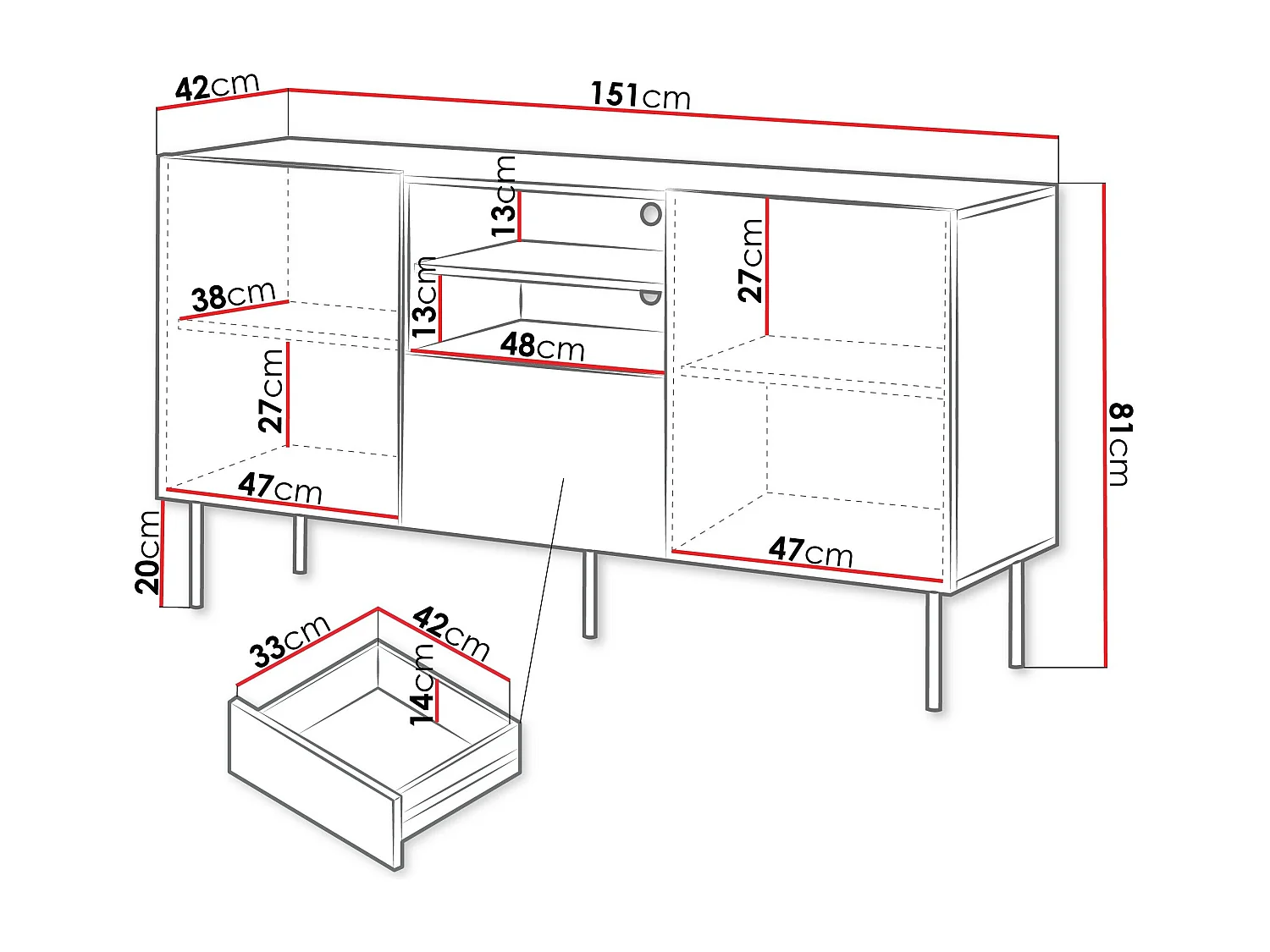 Cómoda Melala 100, Com gavetas e portas, 8x15x4cm