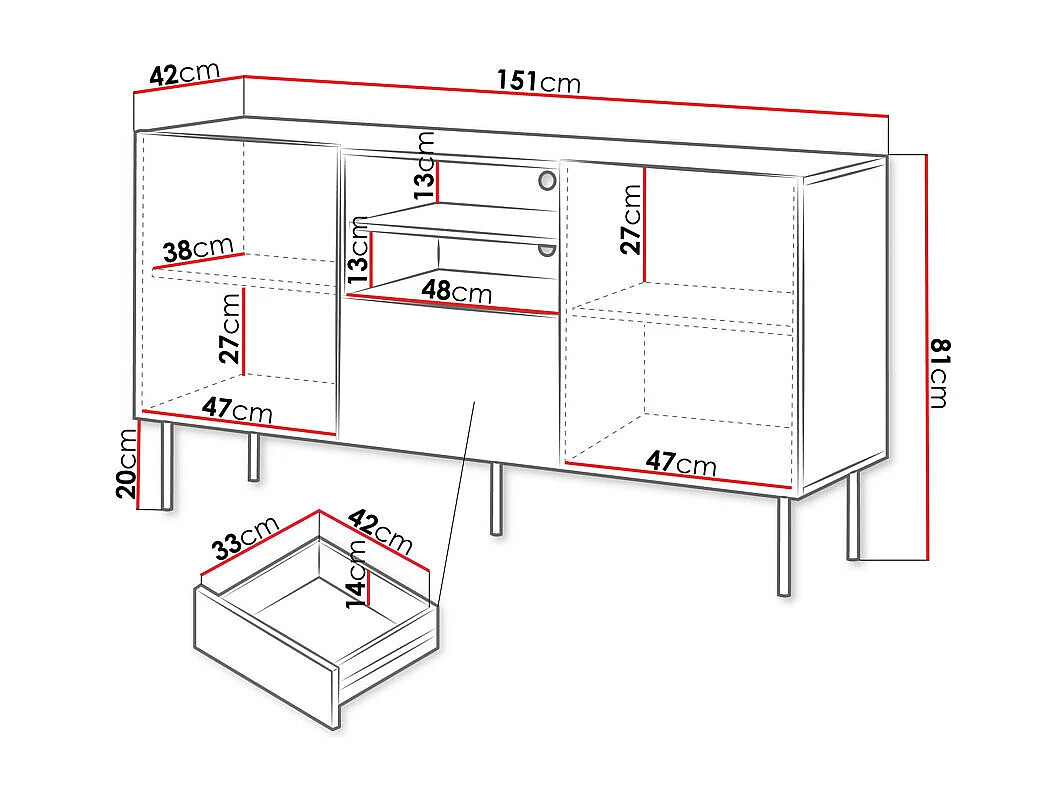 Cómoda Melala 100, Com gavetas e portas, 8x15x4cm