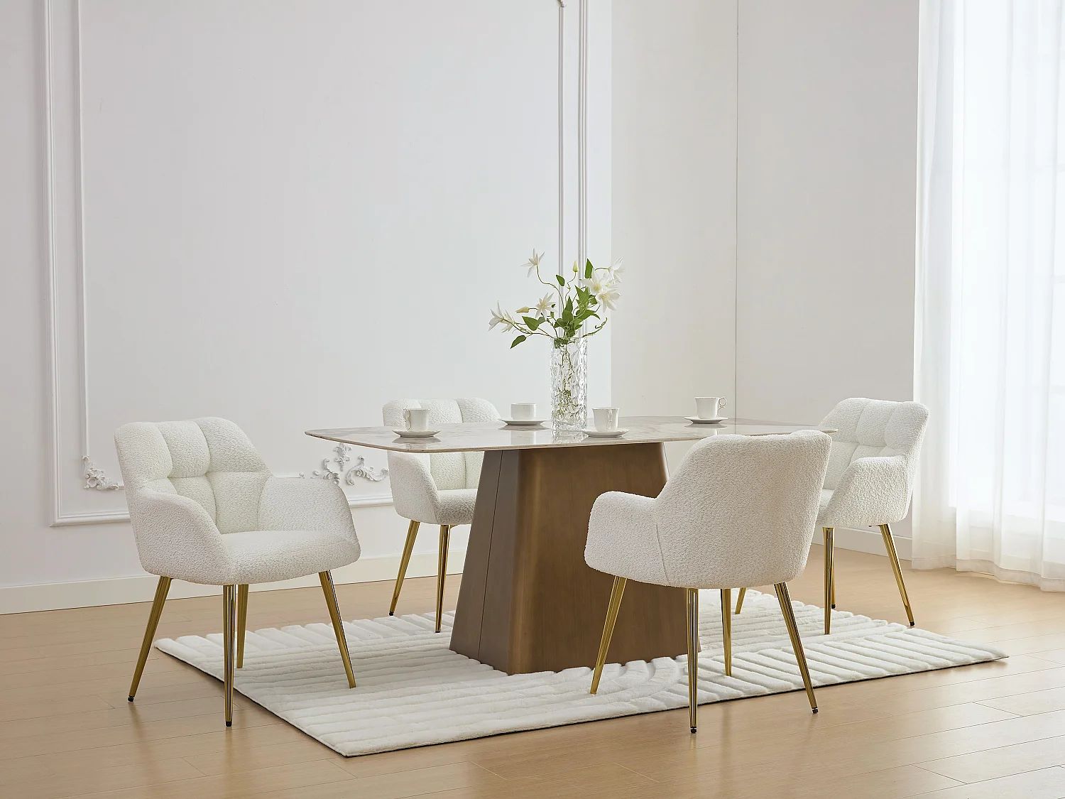 Lot de 6 chaises avec accoudoirs - Tissu bouclette et métal doré - Blanc - PEGA de Pascal MORABITO