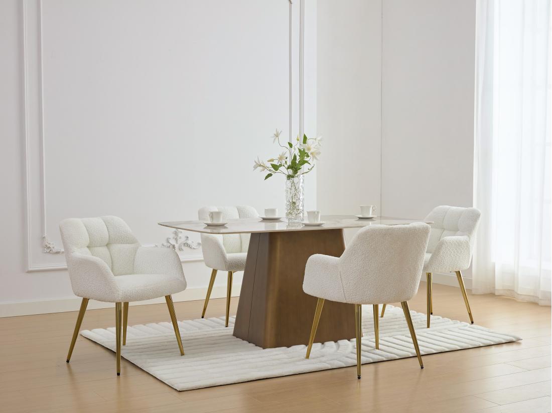 vente unique Lot de 6 chaises avec accoudoirs - Tissu bouclette et métal doré - Blanc - PEGA de Pascal MORABITO
