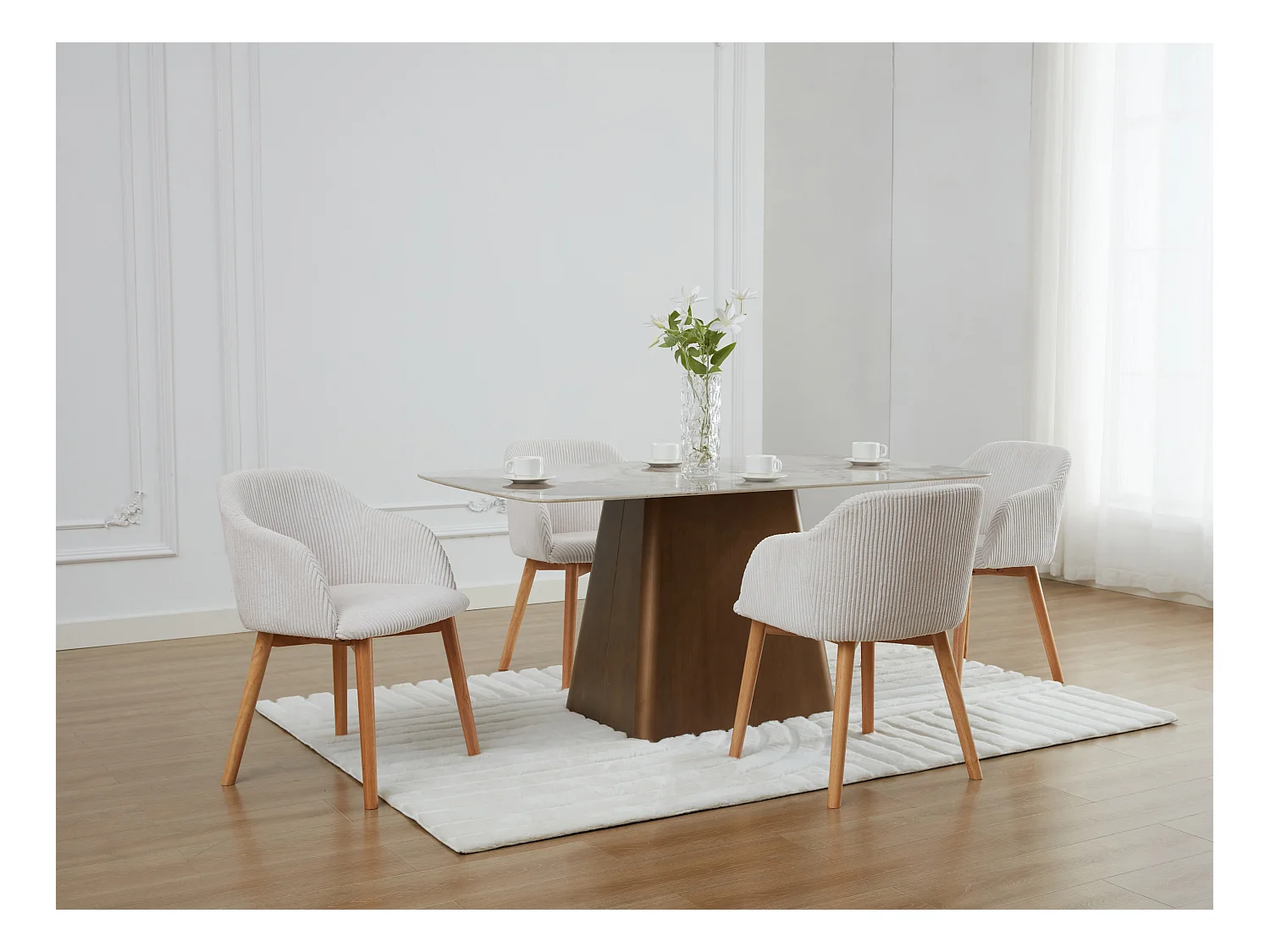 Lot de 6 chaises avec accoudoirs en velours côtelé et bois d'hévéa - Crème - JELISA