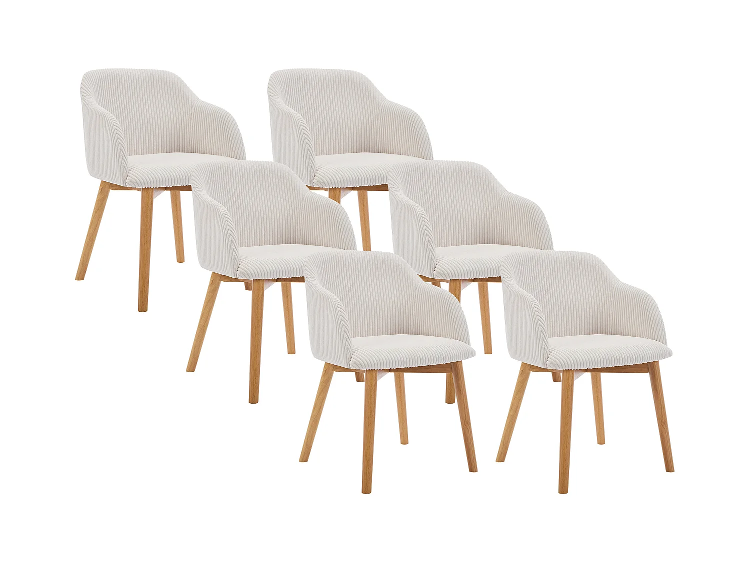 Lot de 6 chaises avec accoudoirs en velours côtelé et bois d'hévéa - Crème - JELISA