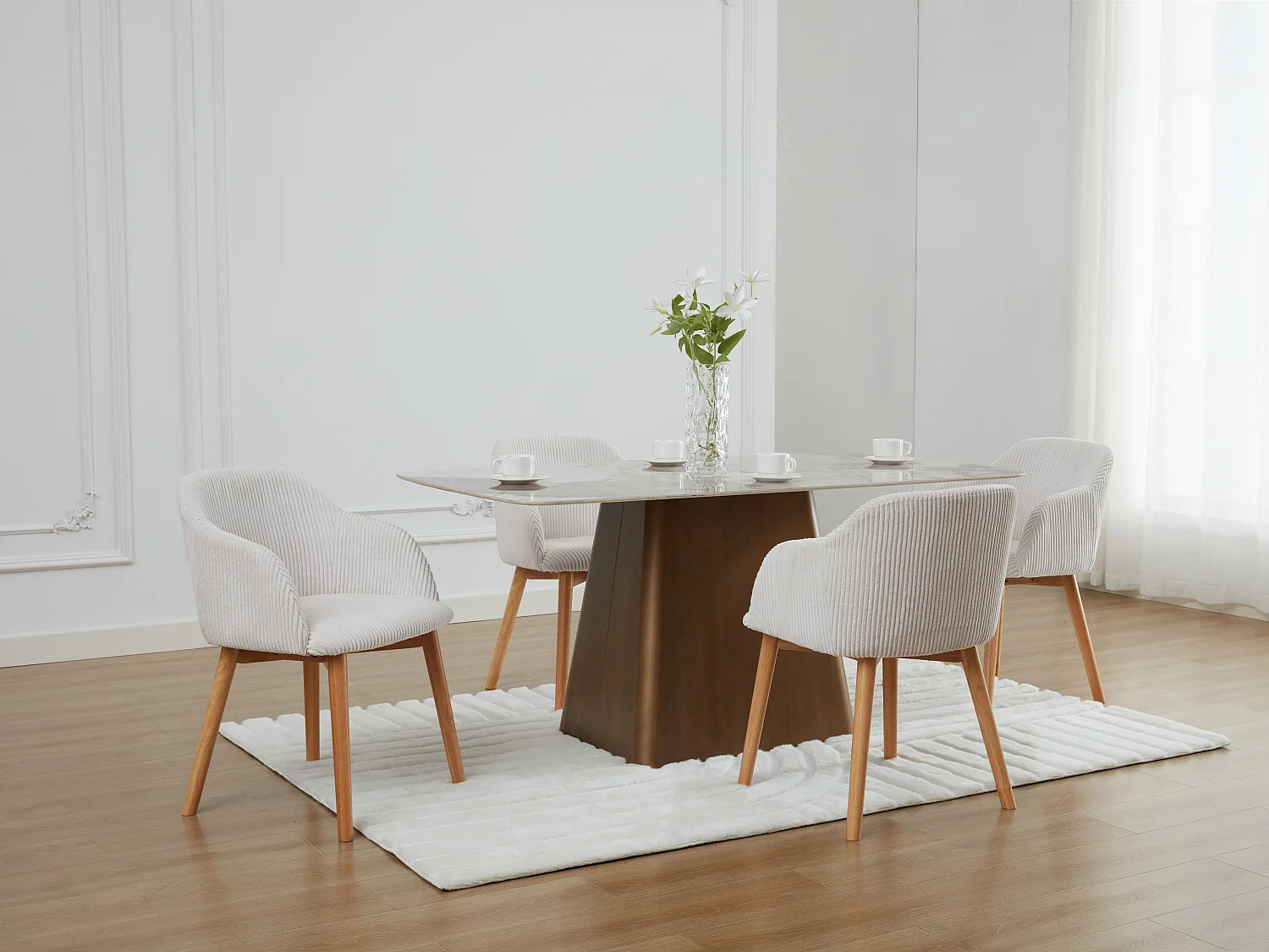 Set van 6 stoelen met armleuningen van ribfluweel en heveahout - Crèmewit - JELISA