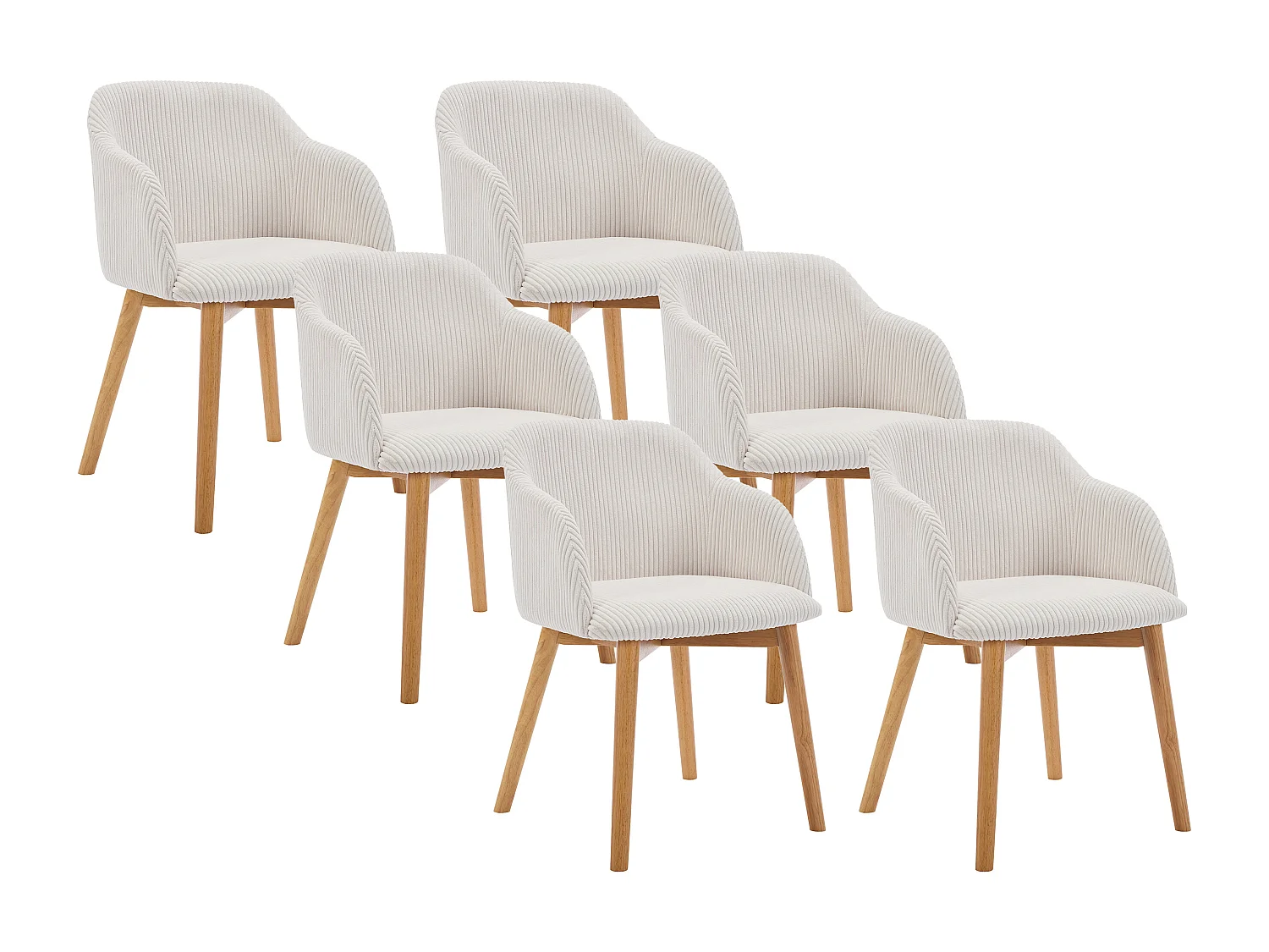 Set van 6 stoelen met armleuningen van ribfluweel en heveahout - Crèmewit - JELISA