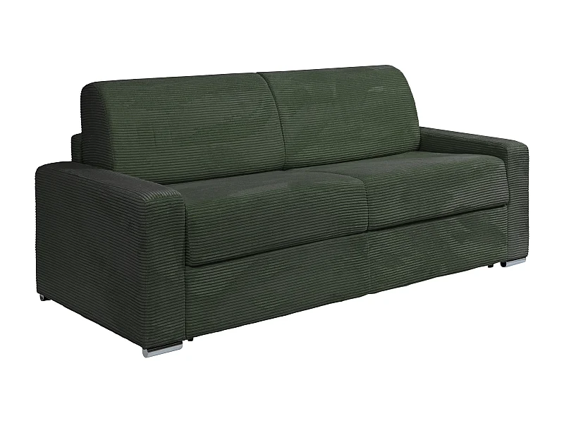 Sofá cama de 4 plazas de apertura rápida de pana verde - Cama 160 cm - Colchón con memoria de forma 22 cm - CALITO