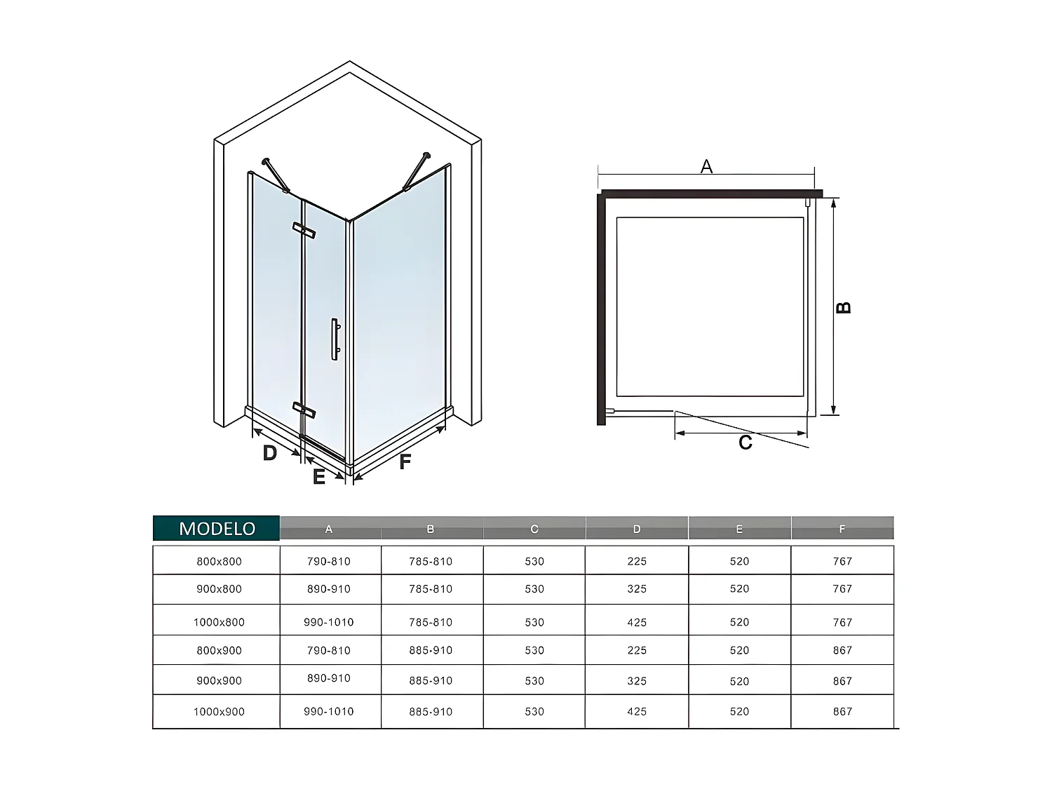 Mampara de ducha abatible+panel lateral,barra 50cm,vidrio antical 6mm 800x800x1900mm