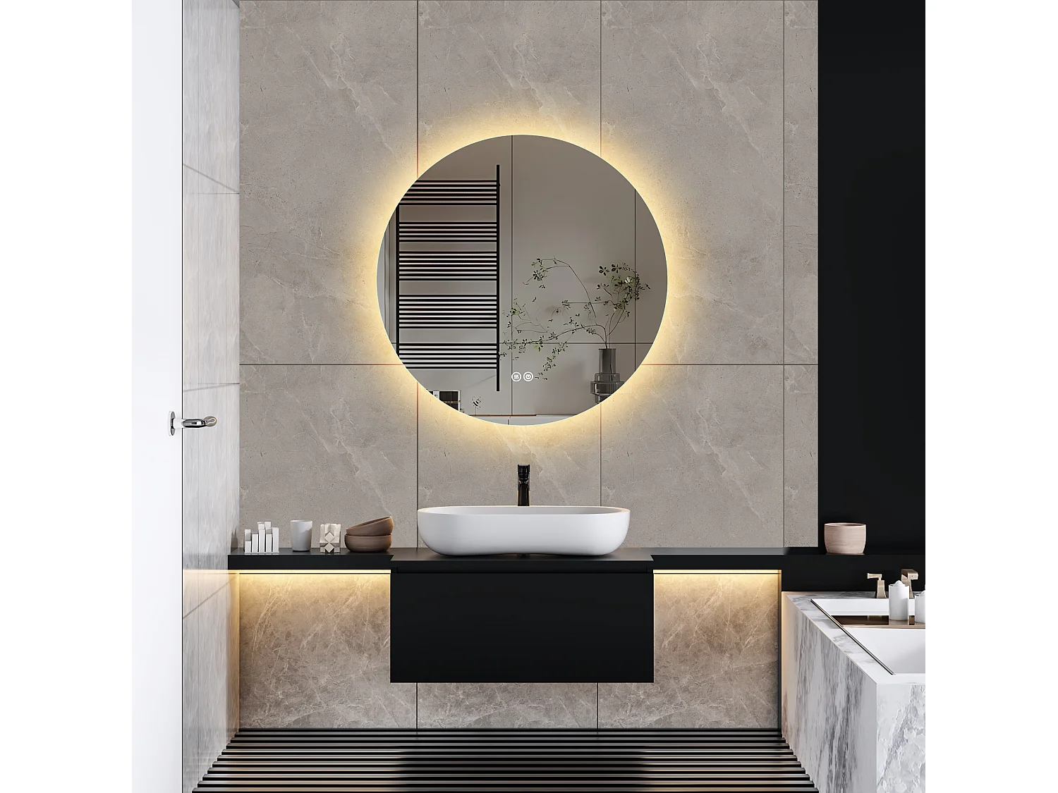Miroir Salle de Bain avec Éclairage - Rond Ø60 cm - Miroir LED Salle de Bain - avec Anti-buée et 3 Couleur Changeable
