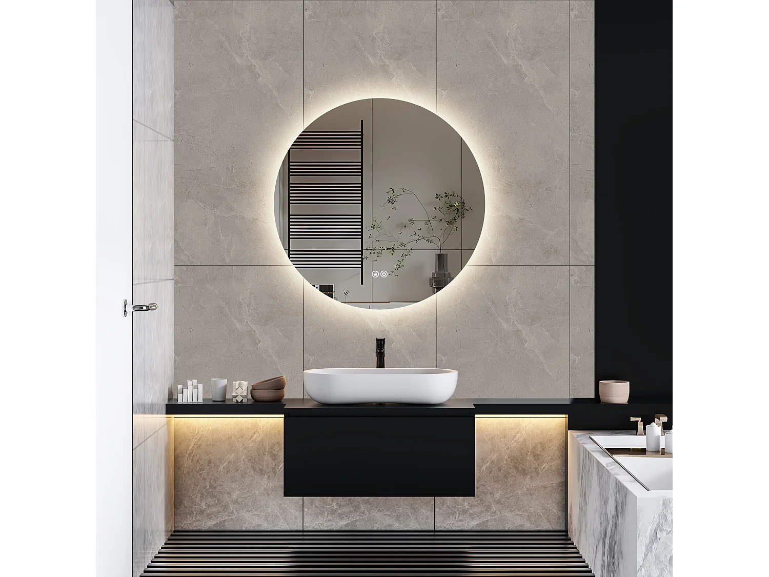 Miroir Salle de Bain avec Éclairage - Rond Ø60 cm - Miroir LED Salle de Bain - avec Anti-buée et 3 Couleur Changeable
