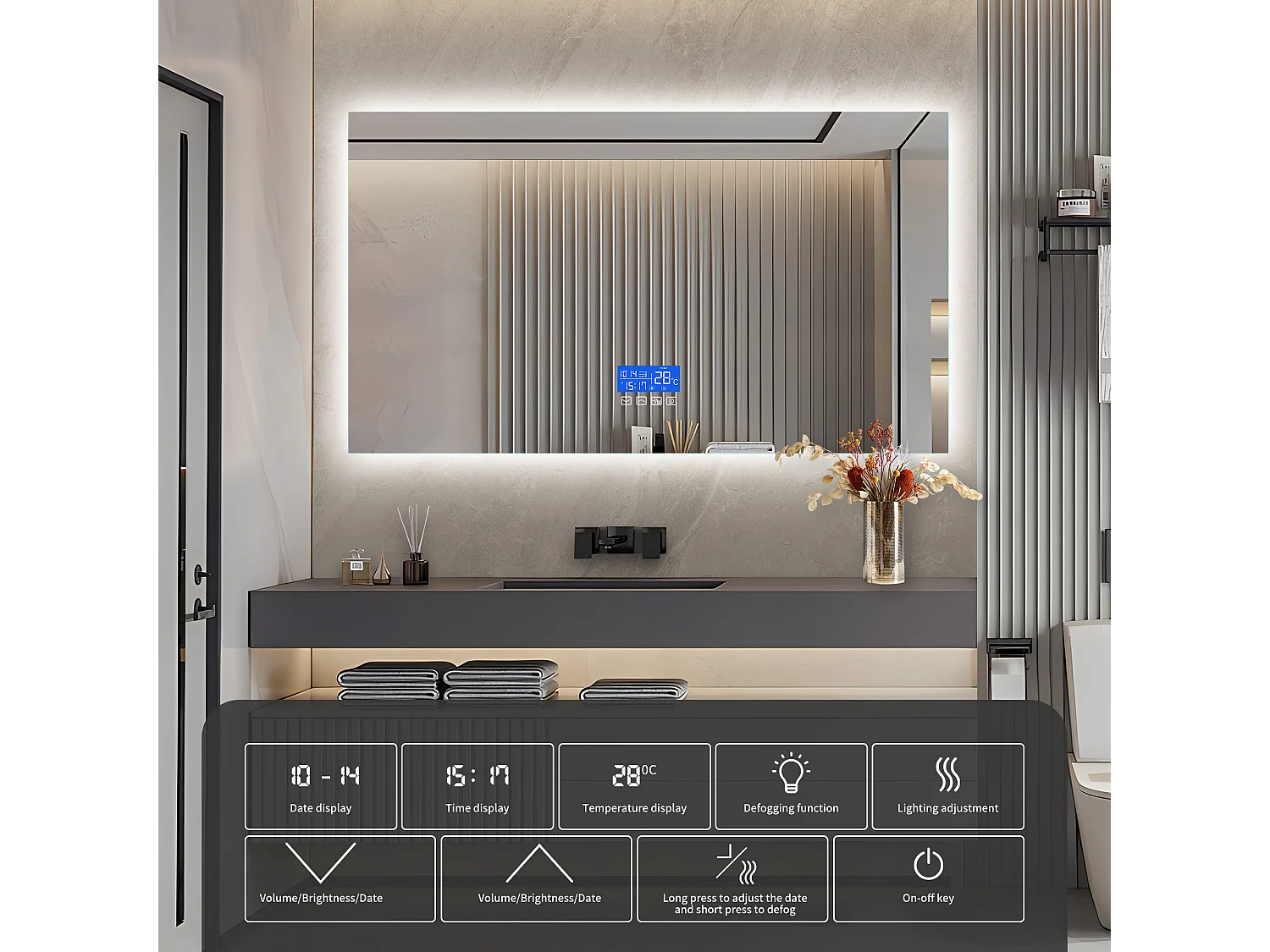 Espelho de Casa de Banho com Iluminação - 120 x 80 cm - Espelho de Casa de Banho LED - com Toque, Anti-embaciamento, Relógio, Temperatura, Regulável