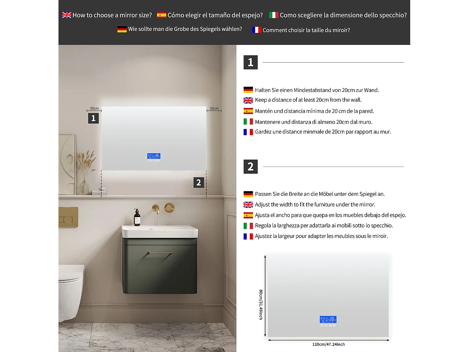 Espelho de Casa de Banho com Iluminação - 120 x 80 cm - Espelho de Casa de Banho LED - com Toque, Anti-embaciamento, Relógio, Temperatura, Regulável