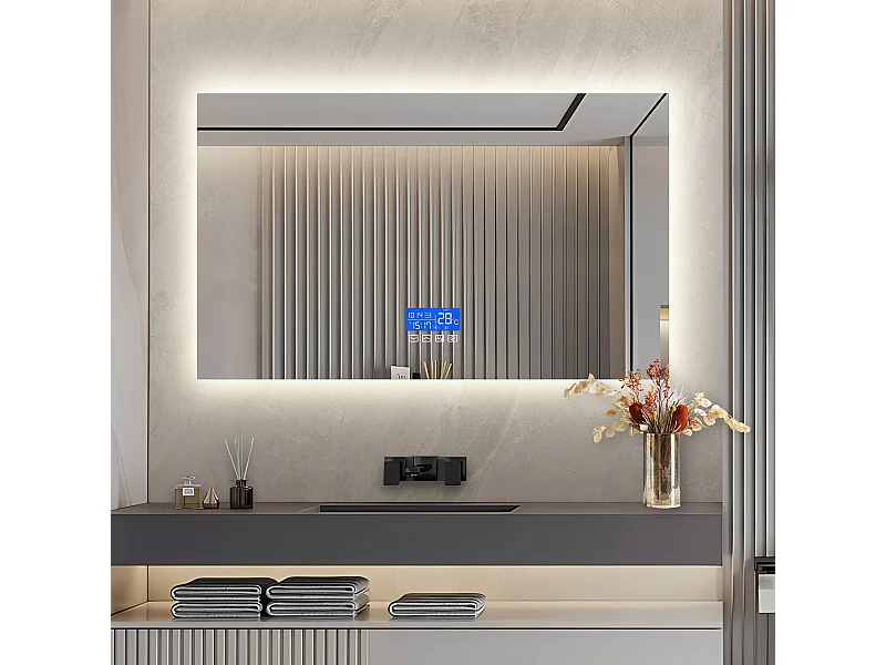 Espelho de Casa de Banho com Iluminação - 120 x 80 cm - Espelho de Casa de Banho LED - com Toque, Anti-embaciamento, Relógio, Temperatura, Regulável
