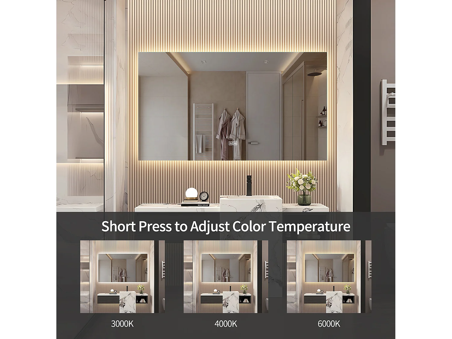 Espelho de Casa de Banho com Iluminação - 80 x 120 cm - Espelho de Casa de Banho LED - com Anti-embaciamento e 3 Cores Mutáveis