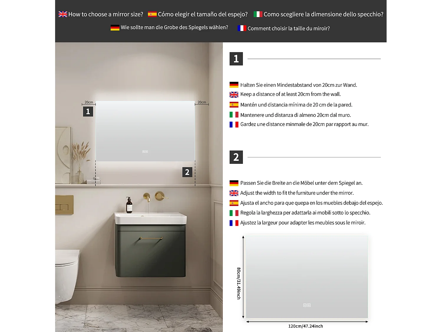 Espelho de Casa de Banho com Iluminação - 80 x 120 cm - Espelho de Casa de Banho LED - com Anti-embaciamento e 3 Cores Mutáveis