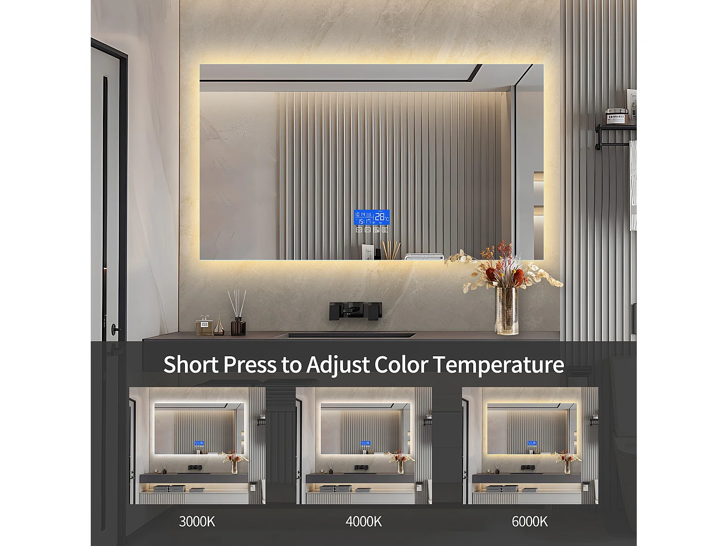 Specchio da bagno con illuminazione - 100 x 60 cm - Specchio da bagno LED - con touch, antiappannamento, orologio, temperatura, dimmerabile