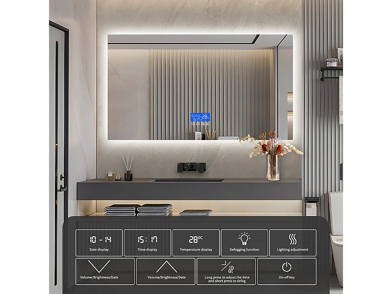Espelho de Casa de Banho com Iluminação - 100 x 60 cm - Espelho de Casa de Banho LED - com Toque, Anti-embaciamento, Relógio, Temperatura, Regulável