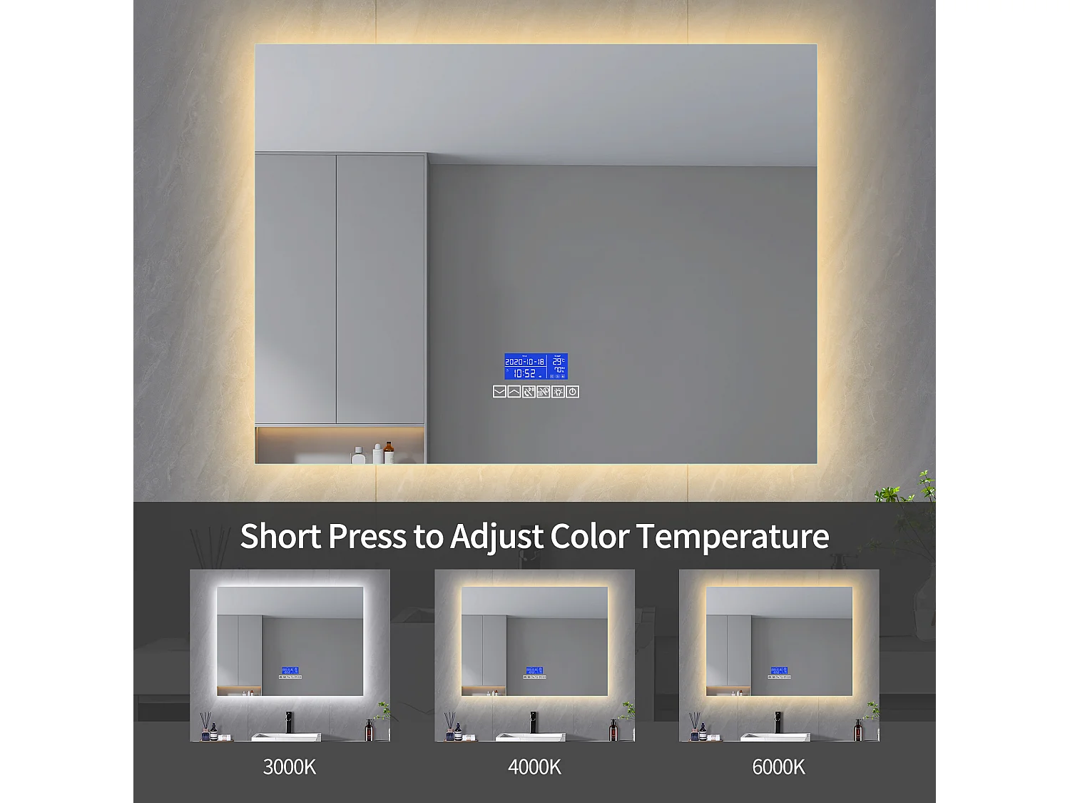 Miroir Salle de Bain avec Éclairage - 120 x 60 cm - Miroir LED Salle de Bain - avec Tactile, Anti-buée, Bluetooth, Horloge, Température, Dimmable