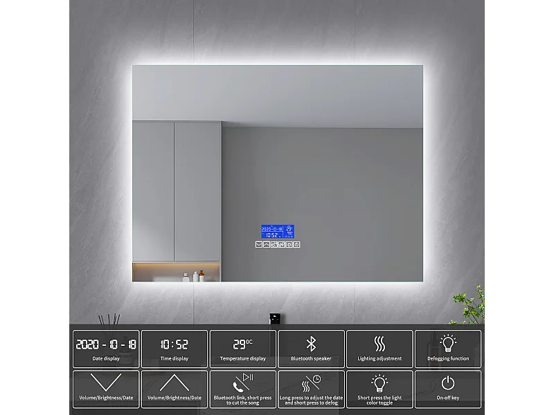 Espejo de baño con iluminación - 120 x 80 cm - Espejo de baño LED - con pantalla táctil, antivaho, Bluetooth, reloj, temperatura, regulable